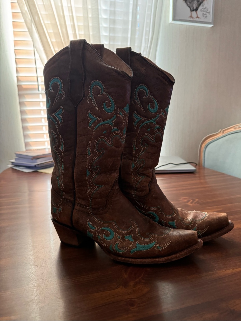 Circle G Brown Leather Western Boots with Teal Embroidery - Women size 9